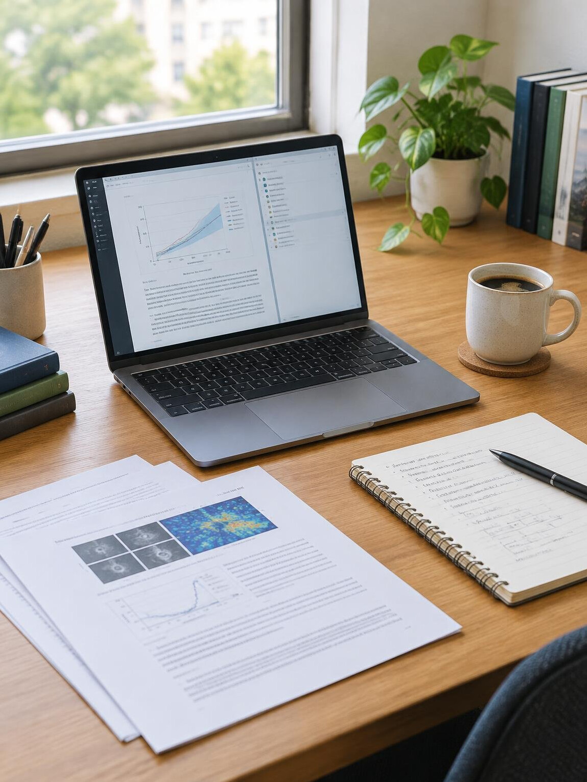 Laptop on a desk with notes and coffee